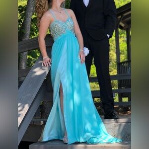Elegant Aqua Evening Gown with Beaded Bodice